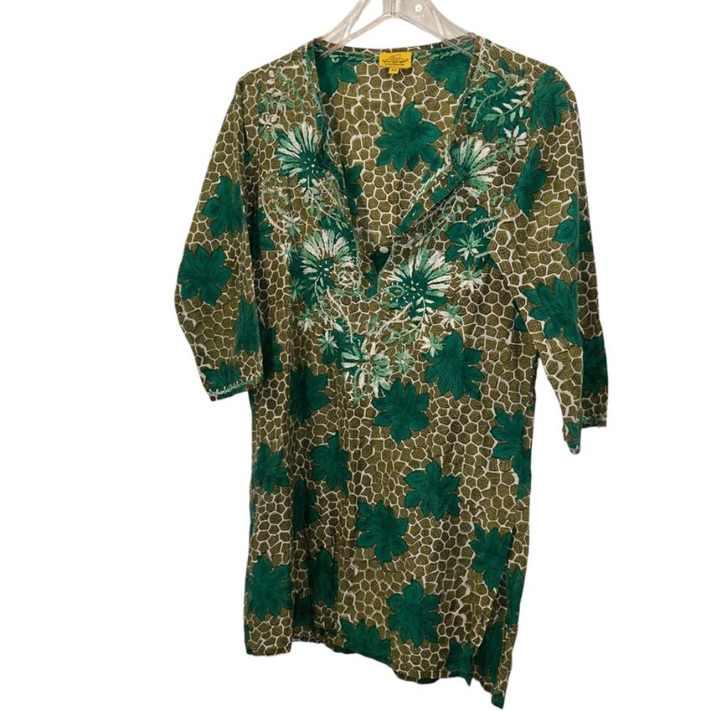 Roberta Roller Rabbit green LEAF giraffe print cotton tunic top/dress cover u XS